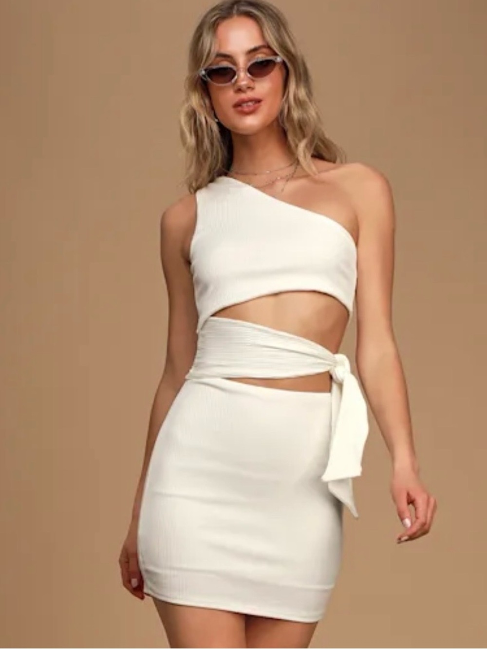 ⭐️NWT Lulus White Ribbed One-Shoulder Cutout Dress